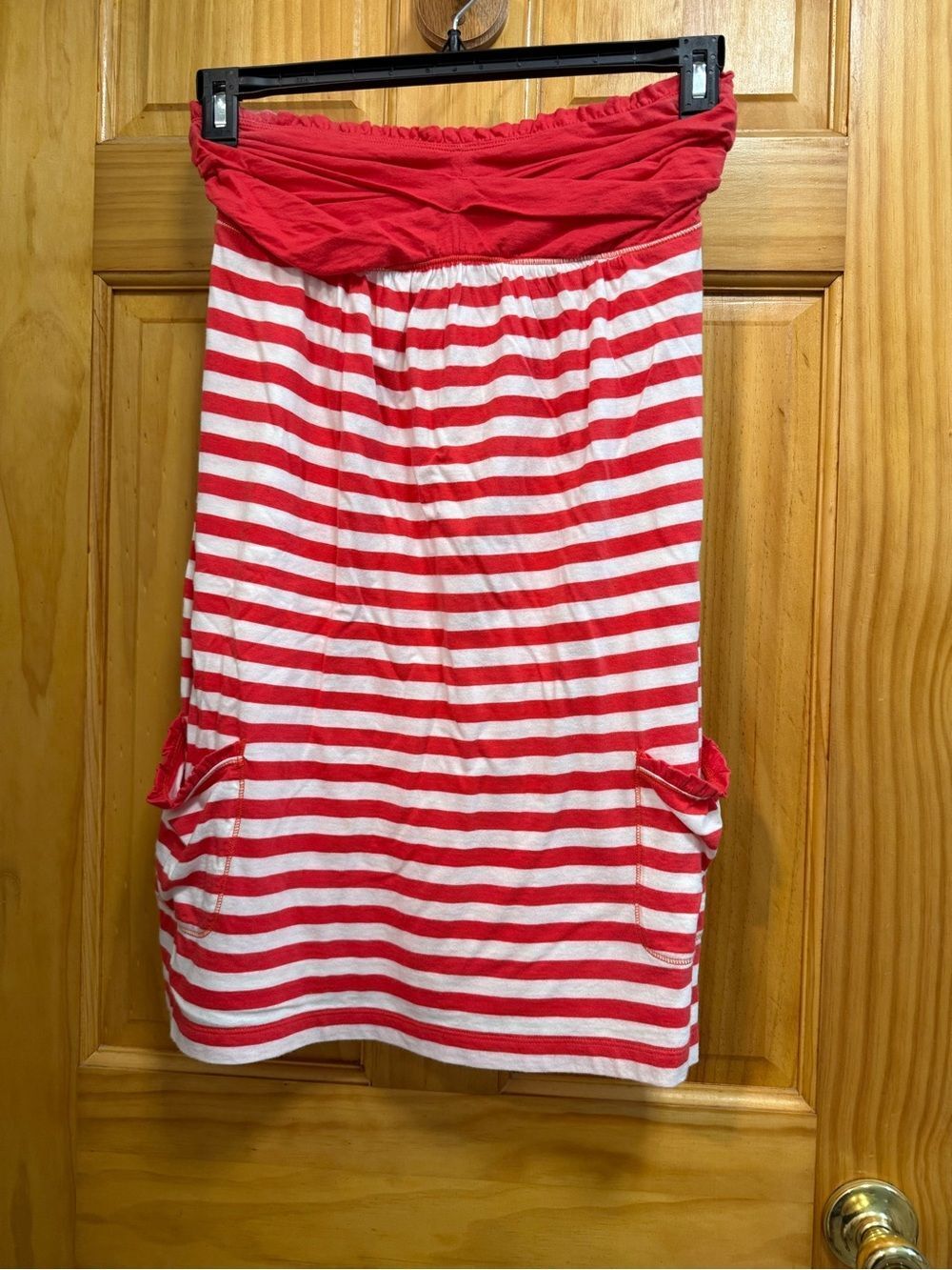 VTG Abercrombie & Fitch Coral &White Stripe Strapless Dress w/Pockets size M